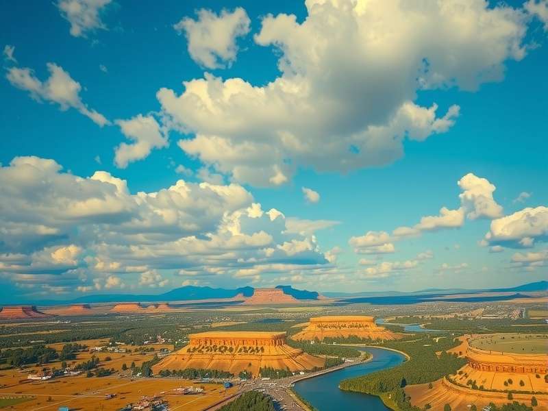 A panoramic view of a typical Midwestern landscape with farm fields and a two-lane highway