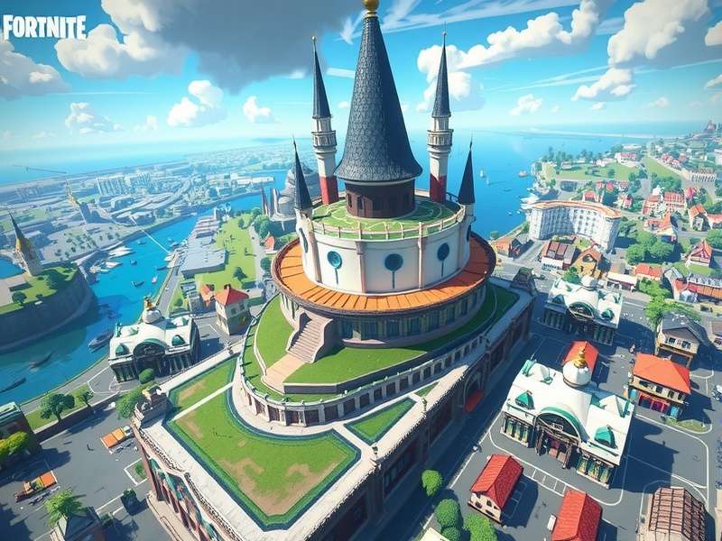 Aerial view of a vibrant, colorful game map resembling Fortnite's island