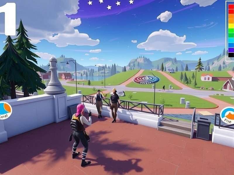 Aerial view of a colorful, stylized landscape resembling a Fortnite map with distinct biomes and landmarks.