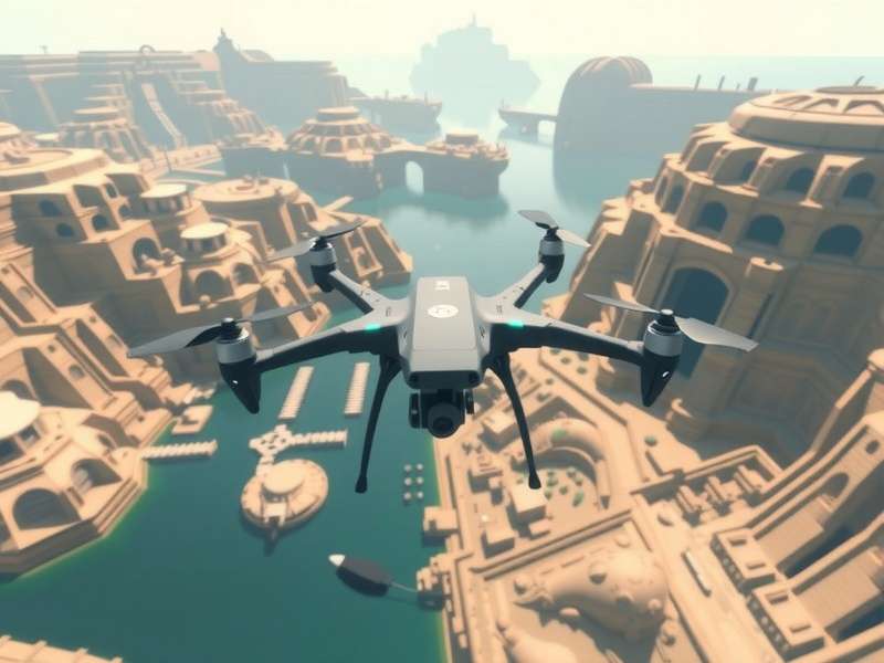 Aerial drone view of a landscape resembling Google Street View imagery