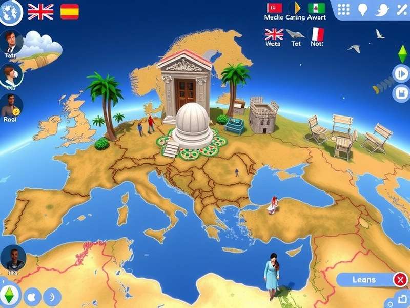 Geoguessr Game Edition Sims gameplay screenshot showing a virtual neighborhood with map overlay