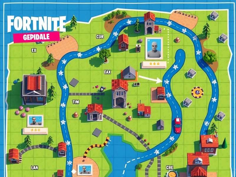 Fortnite Island map with GeoGuessr pin markers highlighting key locations