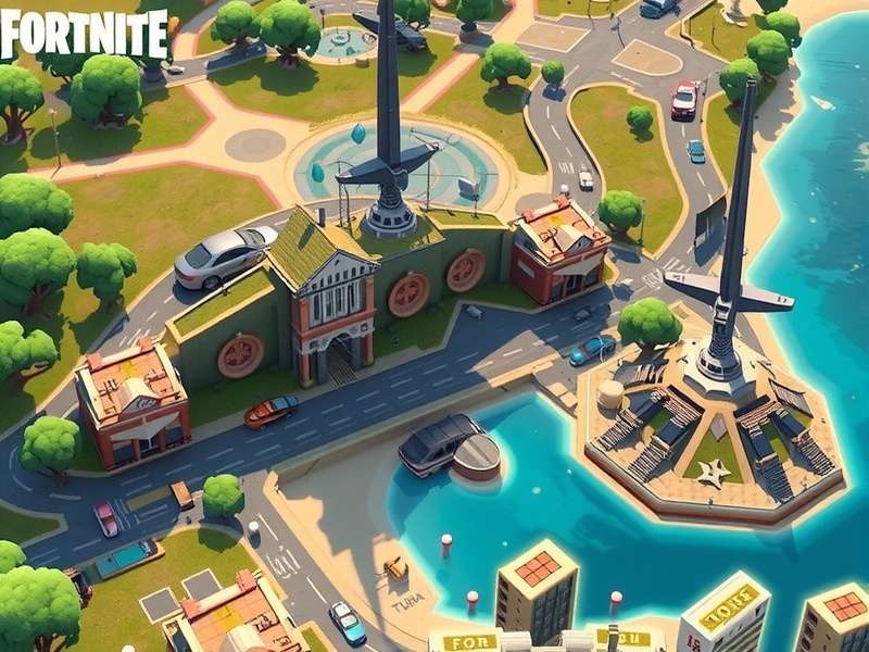 Fortnite GeoGuessr gameplay screenshot showing map with landmarks and biomes