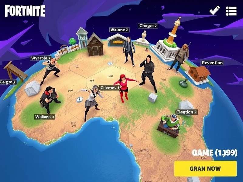 Fortnite GeoGuessr game map overview showing diverse biomes and landmark icons