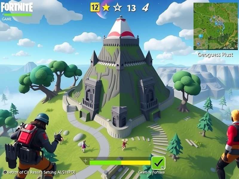 Fortnite GeoGuessr Game Play – Aerial view of battle royale map with location markers