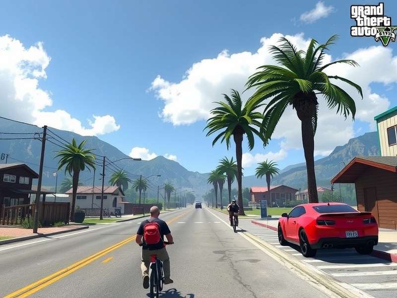 Los Santos skyline at sunset with neon lights and palm trees, GeoGuessr GTA 5 gameplay