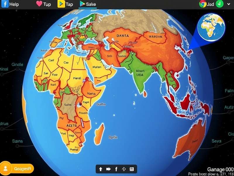 GeoGuessr game world map exploration showing a street view location with pin drops and travel routes
